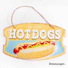 Bright yellow hotdog metal sign old western vintage decor