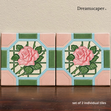  Peranakan Pink & Green Rose Tiles (Set of 2)